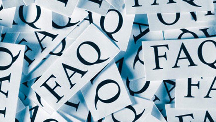 Numerous FAQ cards with black text on a light background.