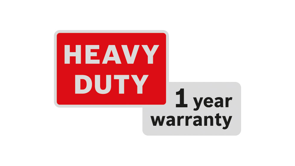 Red sign with "HEAVY DUTY" and gray "1 year warranty" text.