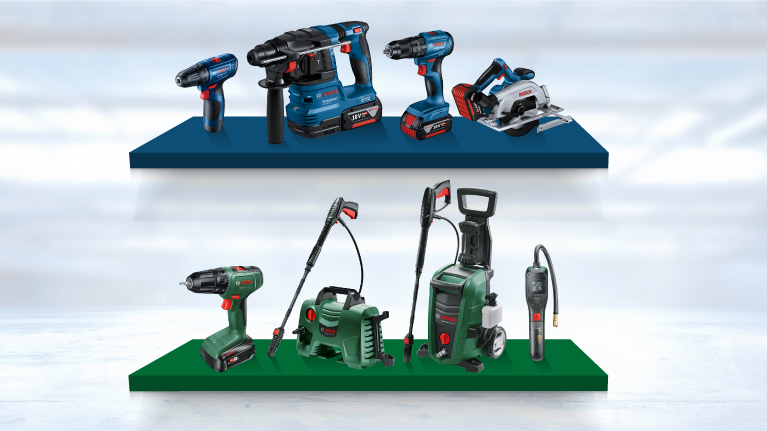 Bosch Professional tools arranged on blue and green shelves.