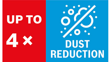 Logo with red and blue background, note on dust reduction.