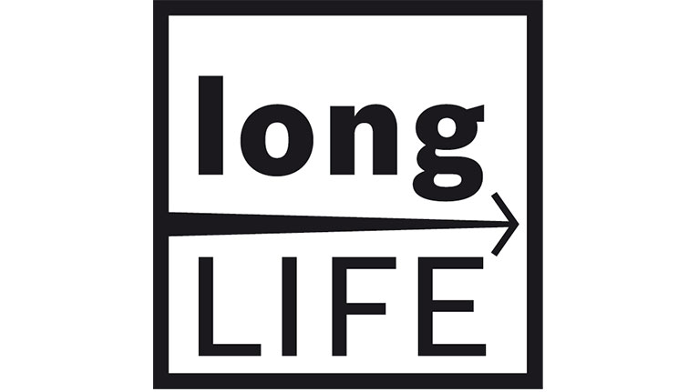 Logo with text 'long LIFE' in black on white, arrow pointing right.