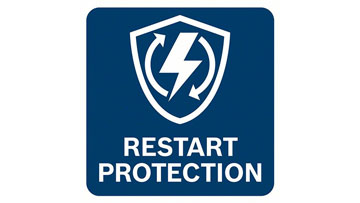 A blue sign with a lightning symbol and the words "RESTART PROTECTION".