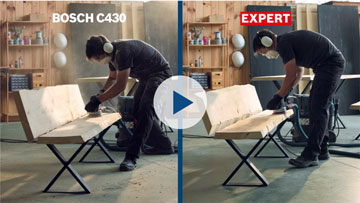 Two craftsmen are using different Bosch tools on wood.