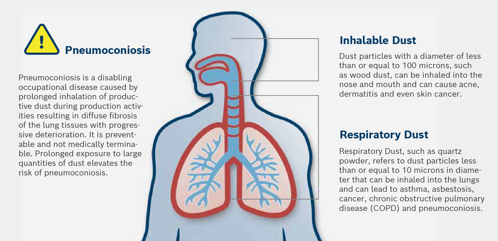 The graphic shows human lungs with warnings about pneumoconiosis.