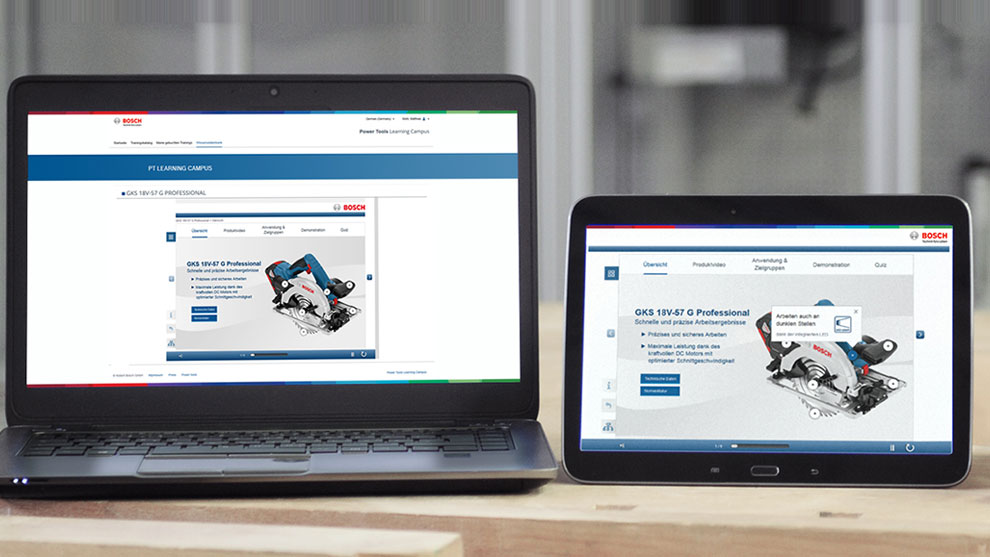 Two devices display Bosch Professional tools on screens.