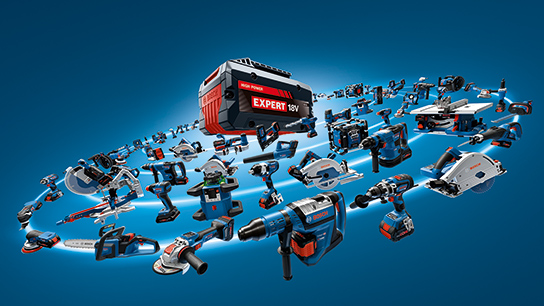 Benefits of 18V System Various Bosch Professional tools grouped around a black battery.
