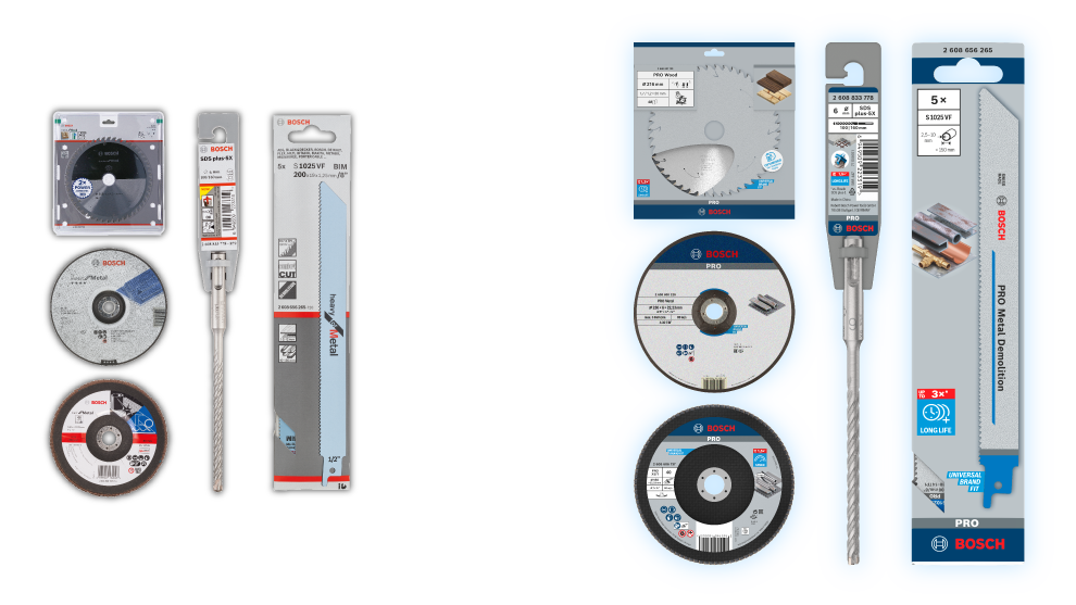 Bosch Professional Tools: Saw blades, grinding discs, and drills arranged.