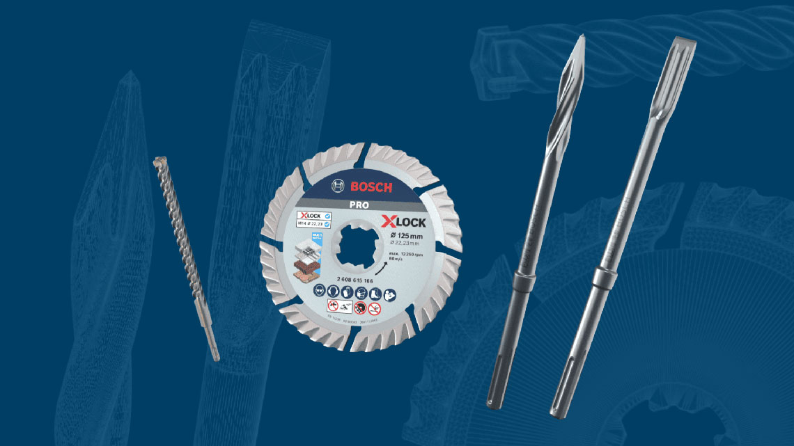Bosch Professional X-Lock saw blade and drill on blue background.