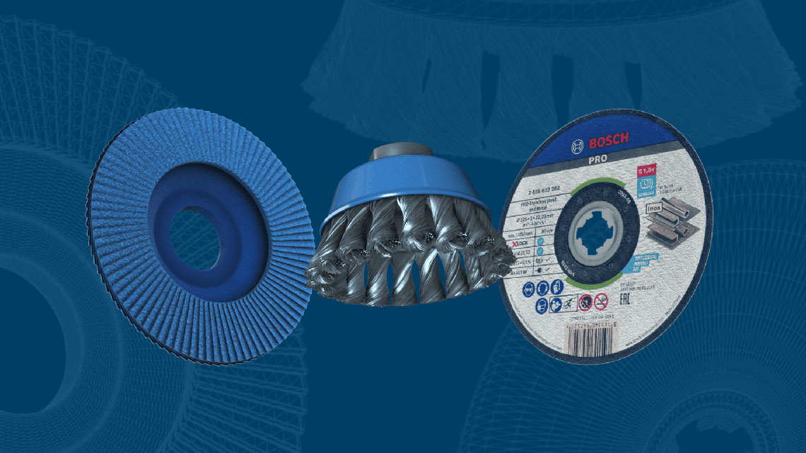 Three Bosch Professional tools in blue on a blue background.