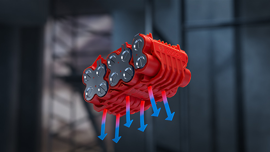 Coolpack Technology Red Bosch Professional tool with six black battery cells is floating.