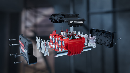 Upgraded Housing and Long Lifetime A red, disassembled Bosch Professional motor model with parts arranged.