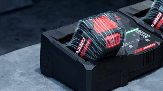 Fastest Battery charging Two red Bosch Professional batteries on a black charger.