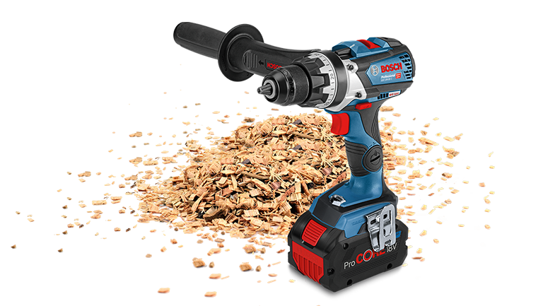 +70 A blue Bosch Professional cordless drill stands on wood shavings.
