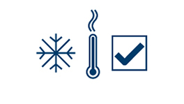 A snowflake symbol, a thermometer, and a checkmark in blue.