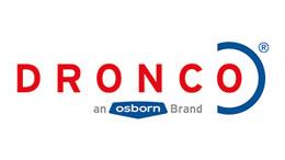 Logo of Dronco, red and blue, with style and brand reference.