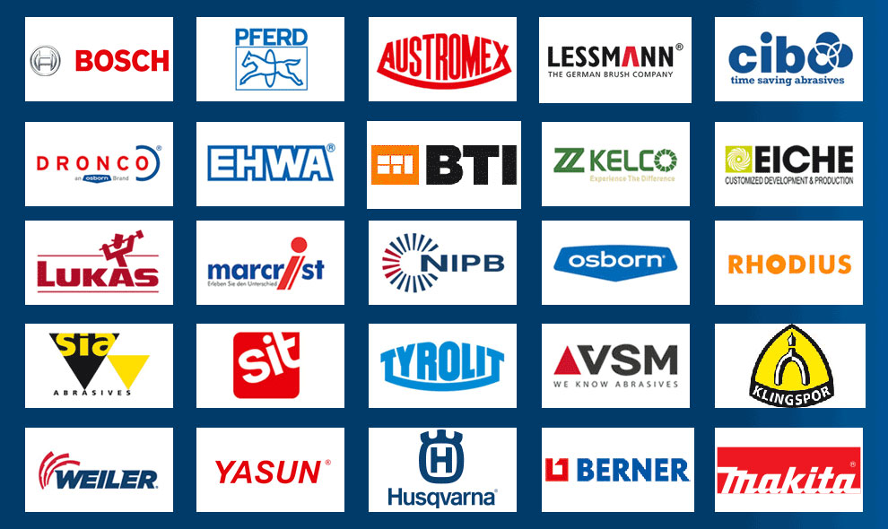 Logos of tool brands arranged on a blue background.